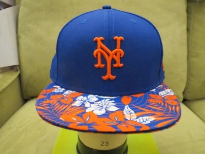 New Era NY Mets Blue Fitted Hat, Floral Bill Orange Blue White, Size 7 5/8 - Image 1 of 4