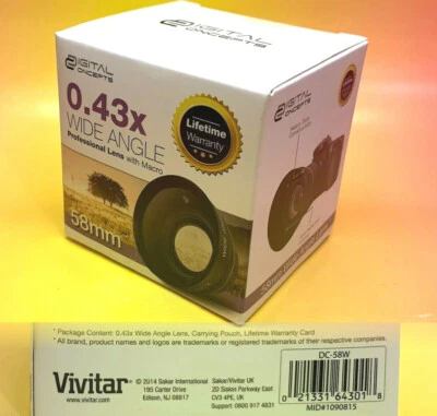 VIVITAR 0.43x WIDE ANGLE LENS W/MACRO 58mm -> Camera  Camcorder Video / 0.45X - Image 1 of 4