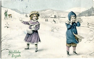 Cartolina artista felice anno nuovo, 2 ragazze, bambini nella neve, palline di neve 1914 - Foto 1 di 1