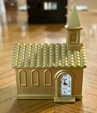Vintage ELGIN Church Steeple Chapel Collectible Mini Miniature Gold Quartz Clock Cover