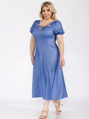 Womens Plus Size Chambray Denim Midi Dress 2XL Jeweled Neckline - Image 1 of 3