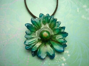 Blue Green Flower Real Chrysanthemum Necklace - adjustable cord brown/black - Picture 1 of 9