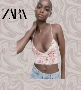 ZARA Floral Crop Top Strappy Back Crop Top Size Medium White Pink NWT - Picture 1 of 6