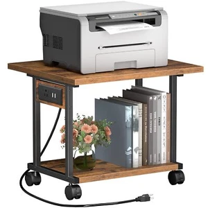 Printer Table 2-Tier Under Desk Wheels Charging Station Rustic Brown - Picture 1 of 7