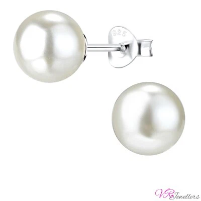 Pearl Earrings 925 Sterling Silver Women Ladies Girls Stud Earrings White 8mm UK - Изображение 1 из 2