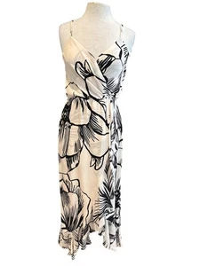 Parker Black & White Floral Silk Midi Dress Spaghetti Straps Lined Womens Size - Picture 1 of 13