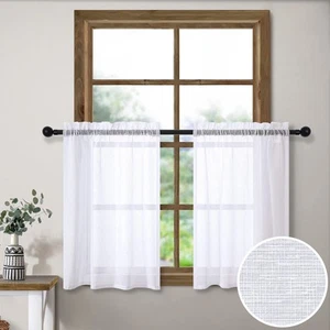 White Kitchen Curtains 24 Inch Length for Windows Rod Pocket 2 Panels Lightwe... - Picture 1 of 7