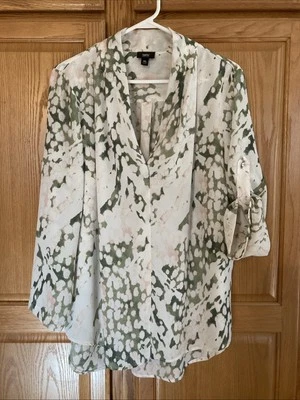 MOSSIMO TUNIC TOP XL SAGE GREEN PINK ABSTRACT ANIMAL FLOWY V NECK HI LO TAB 3/4 - Image 1 of 4