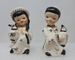 MCM Asian Boy Girl Couple Pigtales Japan Ceramic Salt Pepper Pots Shakers Set - Picture 1 of 7