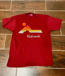 Vintage 70s Single Stitch Colorado Rocky Mountains Red Orange T-Shirt Size L USA - Picture 1 of 9