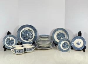 Vintage Currier and Ives 4 Place Setting (24 Pieces Total) Blue & White - Picture 1 of 23