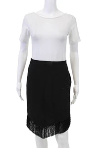 Halston Heritage Womens Back Zip Floral Embroidered Fringe Skirt Black Size 0 - Picture 1 of 6