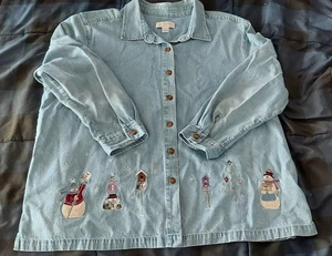 CHAQUETA BLAZER JEAN DENIM C J BANKS 3X PATRÓN DE INVIERNO MUÑECO DE NIEVE PAJARERA NAVIDAD - Imagen 1 de 6