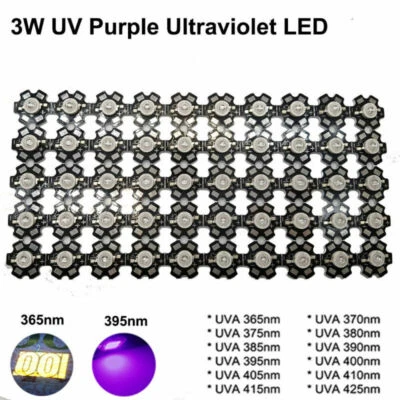 3W UV Purple LED 365nm 375nm 380nm 385nm 395nm 405nm 410nm 420nm with 20mm PCB - Image 1 of 4