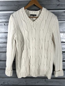 Express V Neck Sweater Men M/Small tennis Cable Knit Chunky wool blend Ivory EUC - Picture 1 of 10