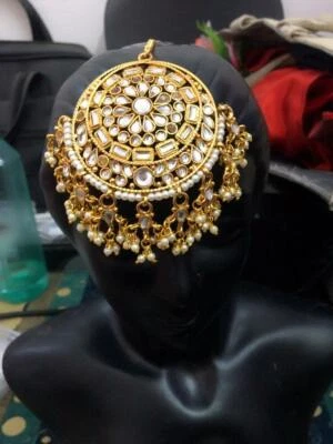 Joyería étnica de boda Tikka de perla Kundan chapada en oro de Bollywood india para mujeres Foto 1 de 4