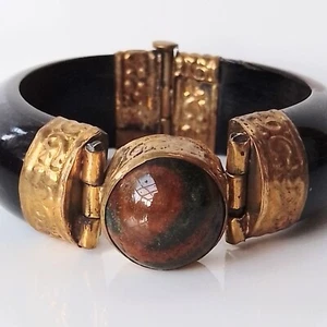 Natural Baffalo Horn Brass & Pin Hinge Bangle With Agate Gemstone Handmade India - Picture 1 of 2
