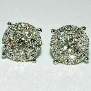 1.50Ct Lab Created Diamond Cluster Stud Earrings Solid 14K White Gold Finish - Picture 1 of 2
