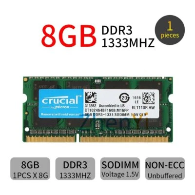 Crucial 8Go DDR3 1333MHz PC3-10600S CL9 204Pin SODIMM 2Rx8 Laptop Mémoire RAM FR - Photo 1/4