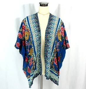Angie Floral Roses Open Front Kimono Wrap Shawl Cardigan Top Short L Boho Asian - Picture 1 of 6