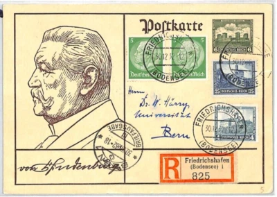 GERMAN Stationery HINDENBURG Portrait Card Friedrichshafen Regd 1932 Berne PG319 - Image 1 of 4