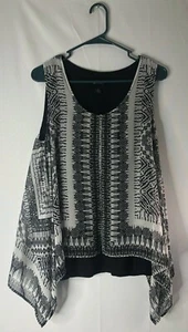 AB Studio size M stretchy black tank w/sheer gray & black overblouse uneven hem - Picture 1 of 6