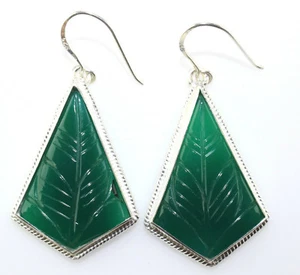 Beautiful Geometric Shape Carved Green Onyx Dangling Silver Earring 925 Stamped - Picture 1 of 8