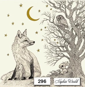 (296) DOS servilletas individuales de papel para almuerzo decoupage - FOX BUNNY OWL TREE MOON - Imagen 1 de 3