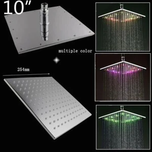 10" Square Ceiling Mount Rainfall LED Shower Head Top Sprayer Polished Chrome - Picture 1 of 6