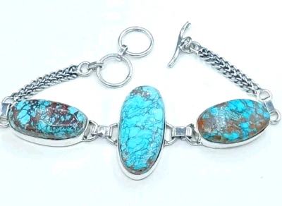 美洲原住民纯银手链蜘蛛网绿松石石调节 7-8 — 第 1/4 张图片