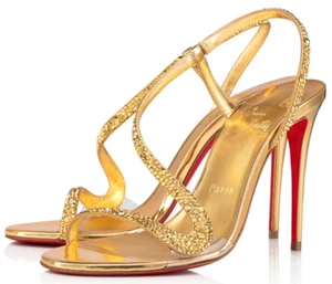 Christian Louboutin Rosalie Strass 100 Gold Ankle Strap Sandal Heel Pump 42 - Picture 1 of 12