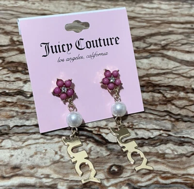 Juicy Couture Jewelry Gold Earrings Logo Pearl Floral Dangle Drop 44mm - Image 1 of 4