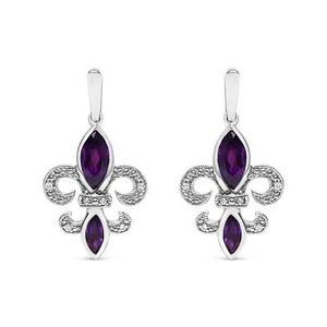 .925 Sterling Silver Marquise Cut Amethyst and Diamond Stud Earrings - Picture 1 of 6