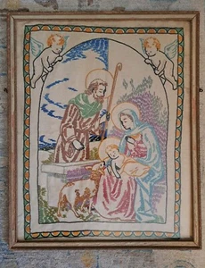 Antiguo cuadro bordado 17" X 21,5" enmarcado religioso cristiano Jesús pesebre - Imagen 1 de 5