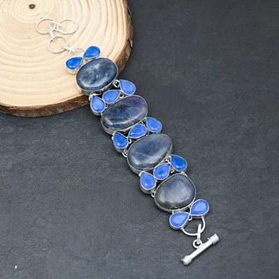 Bracciale gioiello in argento sterling 925 calcedonio blu pietra del sole Iol... - Immagine 1 di 4