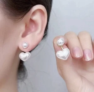 Heart Pearl Jacket Earrings Hypoallergenic Studs White Plated Retro Cute Jewelry - Picture 1 of 7