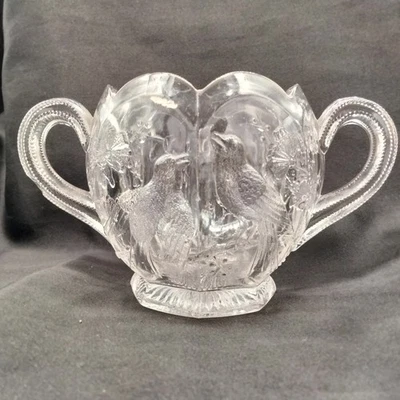 Antique NORTHWOOD Clear Spooner Open Sugar Bowl Singing Birds EAPG READ - Image 1 of 4
