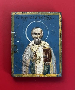 Antiguo Icono Ruso Ortodoxo Católico Pintado a Mano San Nicolás El Maravillo - Imagen 1 de 7