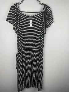 Loft Black and White Striped Jersey Midi Dress size L NWT - Picture 1 of 7