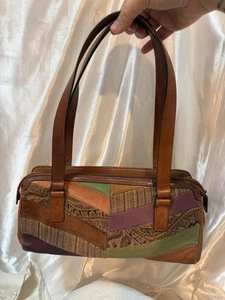 Fossil Patchwork Leather Baguette Style Shoulder Bag Brass Hardware - Picture 1 of 7