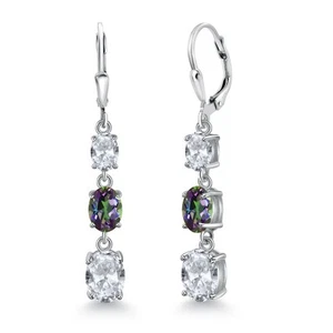 925 Sterling Silver White Topaz 3 Stone Dangle Earrings For Women (6.20 Cttw, - Picture 1 of 6