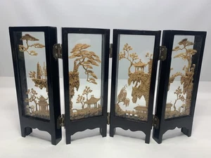 Geschnitztes Kork Diorama Schwarz Lack/Glas 4Panel Mini Trennwand Klappschirm Asiatisch - Bild 1 von 19
