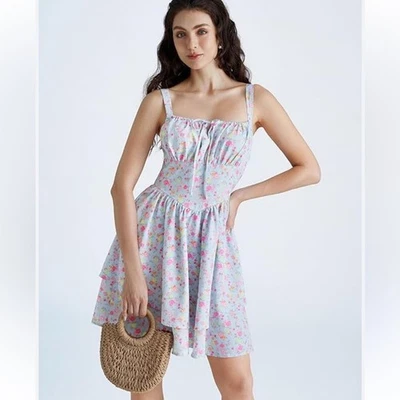 NEW Scarlet Darkness Lavender Floral Corset Mini Dress Smocked Back Large - Image 1 of 4