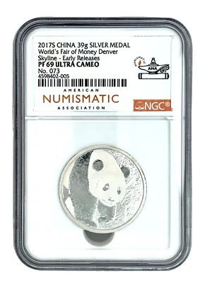 2017S 中国 39 克银牌 #73 世界货币博览会丹佛天际线 NGC ER PF69 — 第 1/4 张图片