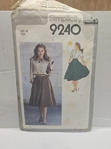 Simplicity 1979 Sewing Pattern 9240 Misses Shirt & Skirt Size 10 -Partially Cut- - Picture 1 of 5