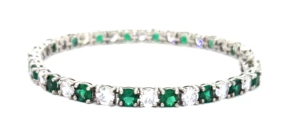 女士 Braclet 925 银 CZ 绿色水钻线网球手链 尺寸 6.5 — 第 1/4 张图片