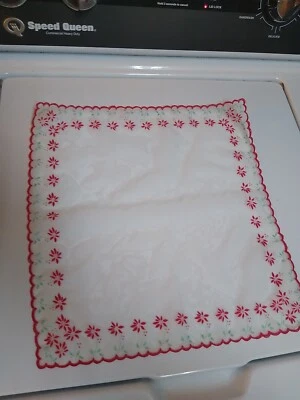 13.5" square sheer hankie Handkerchief from 1960s poinsettia Hanky Red Flowers - Image 1 of 4