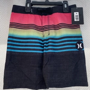 Hurley Boys Black Bright Pink Blue Strips Swim Board Shorts 6” Inseam Sz 6 - Picture 1 of 5