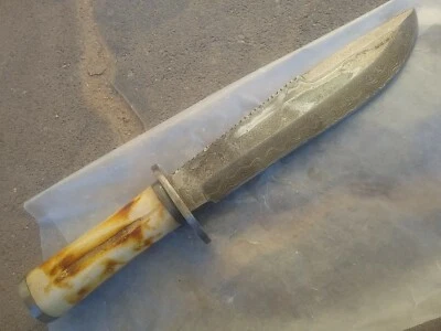 Perkin 🇬🇧 Damascus Steel Bowie Knife W/Camel bone Scales & Unique File Work - Image 1 of 4