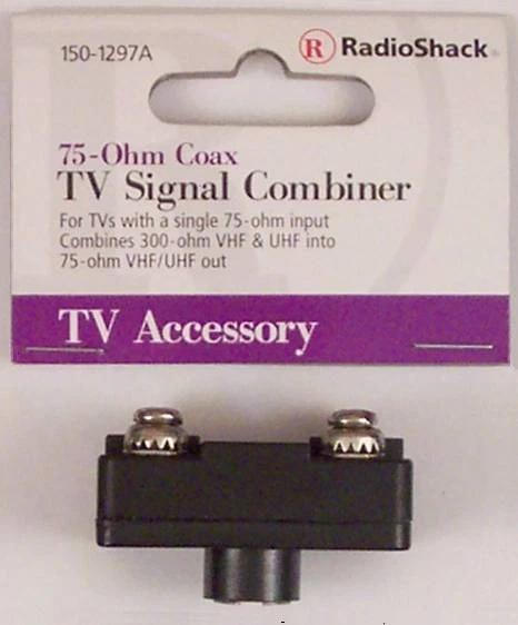 Signal Combiner 300-Ohm VHF & UHF Screw Terminals to 75-Ohm Male F Connector - Image 1 of 1